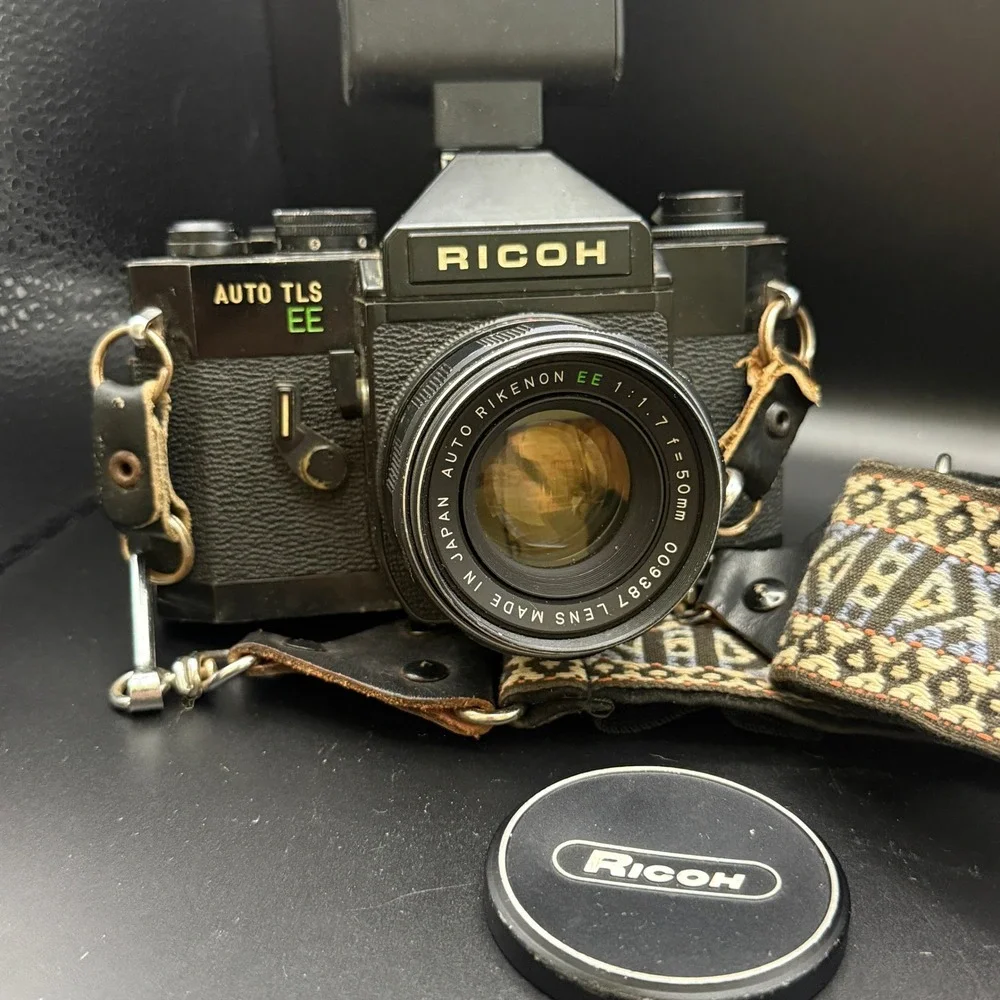 Ricoh Auto TLS EE 35mm SLR Film Camera with Auto Rikenon 50mm f1.7 Lens Flash